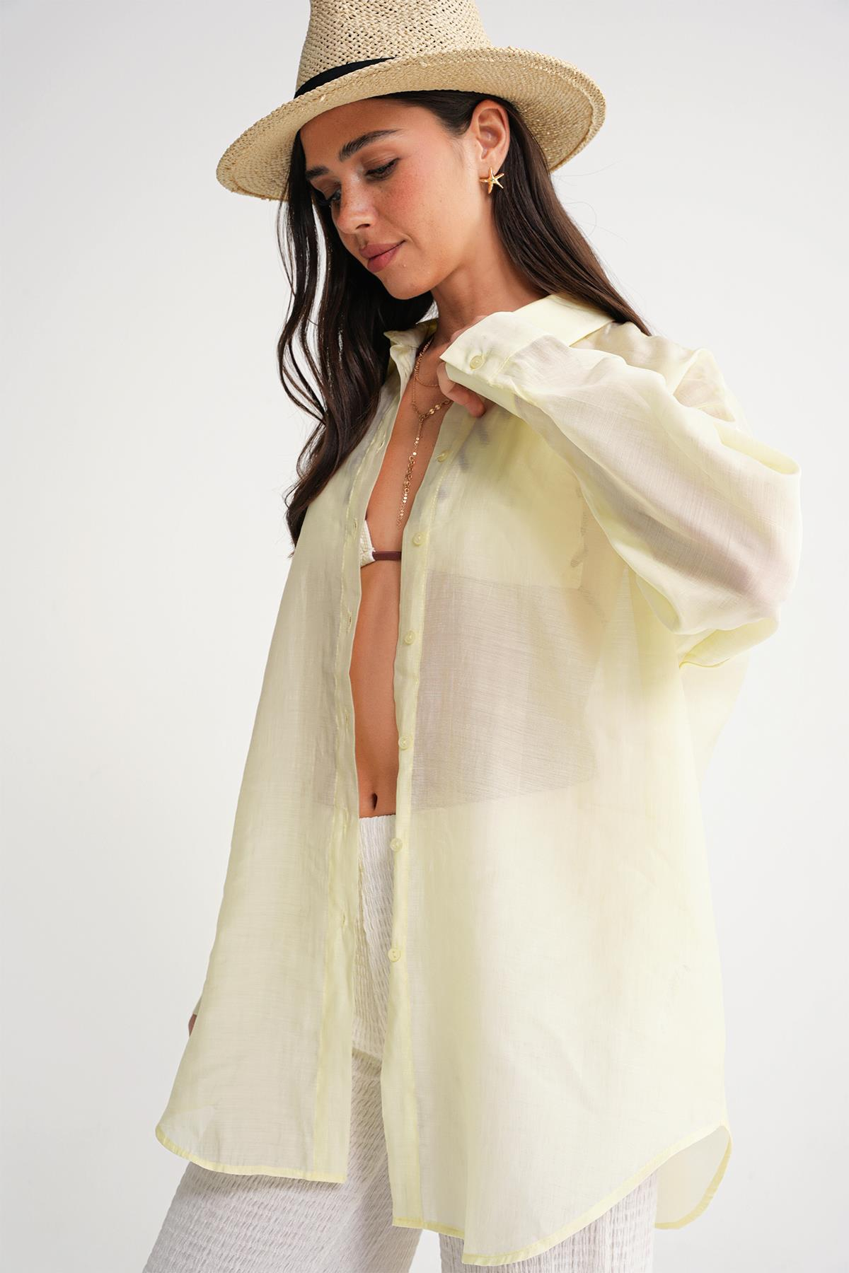 4667 Kadın İnce Oversize Modal Gömlek Sarı