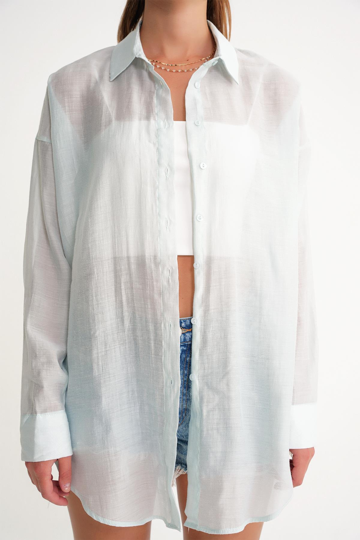 4667 Kadın İnce Oversize Modal Gömlek Adaçayı