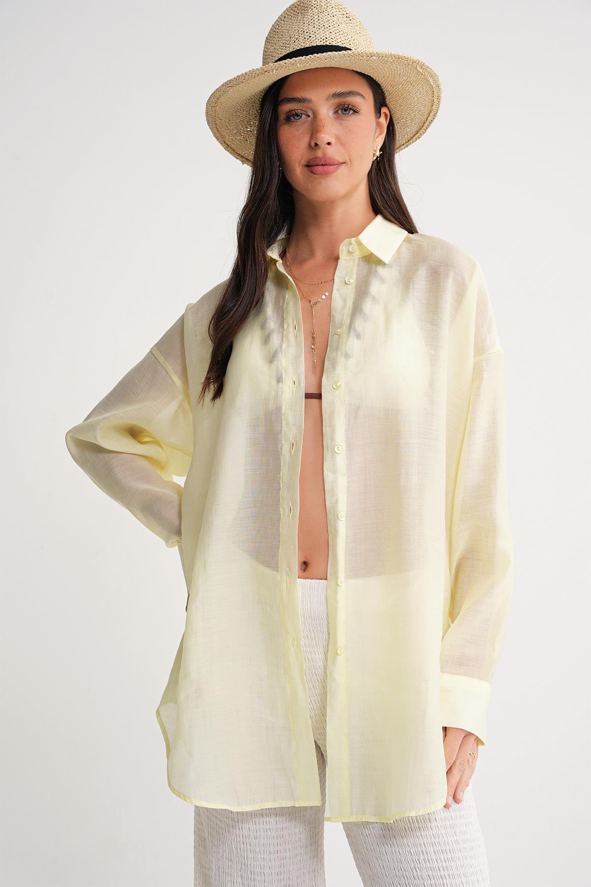 4667 Kadın İnce Oversize Modal Gömlek Sarı
