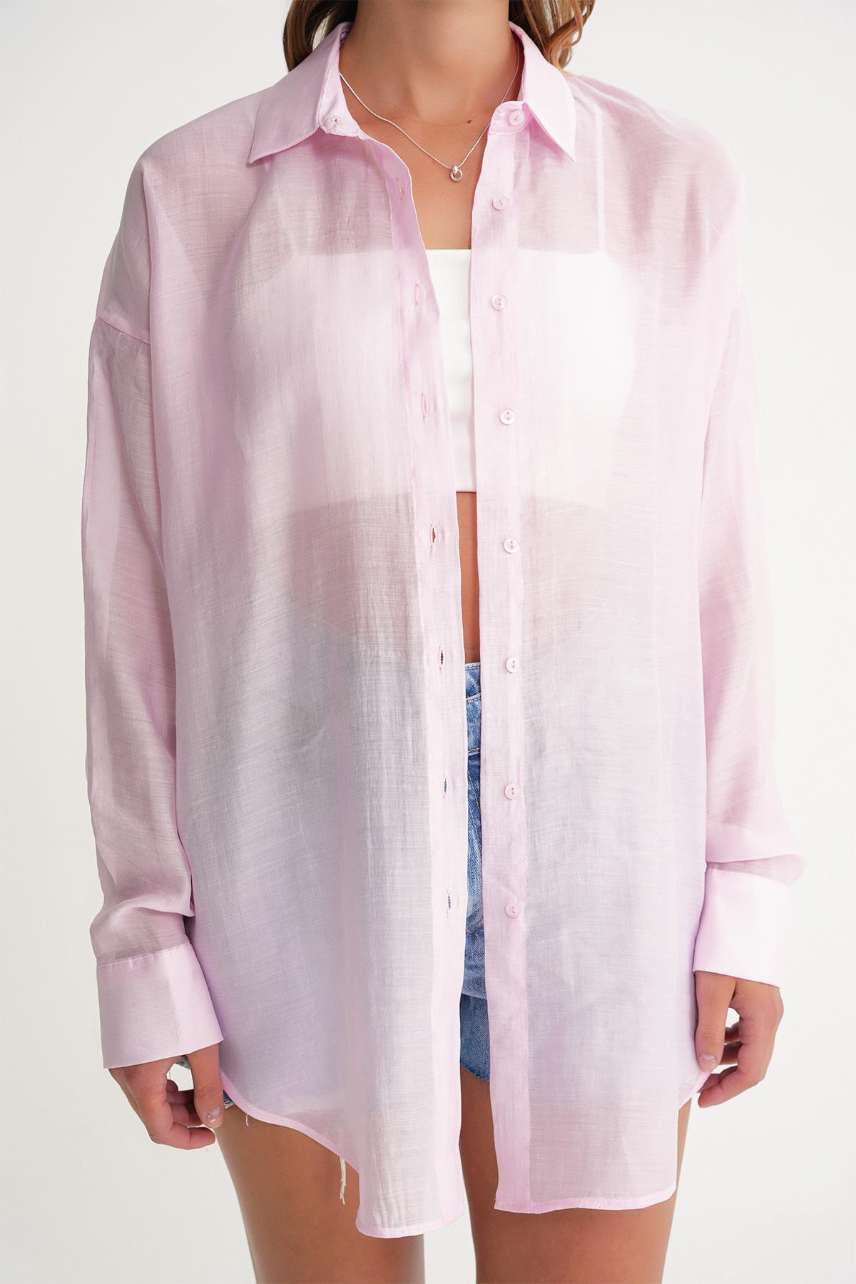 4667 Kadın İnce Oversize Modal Gömlek Pembe