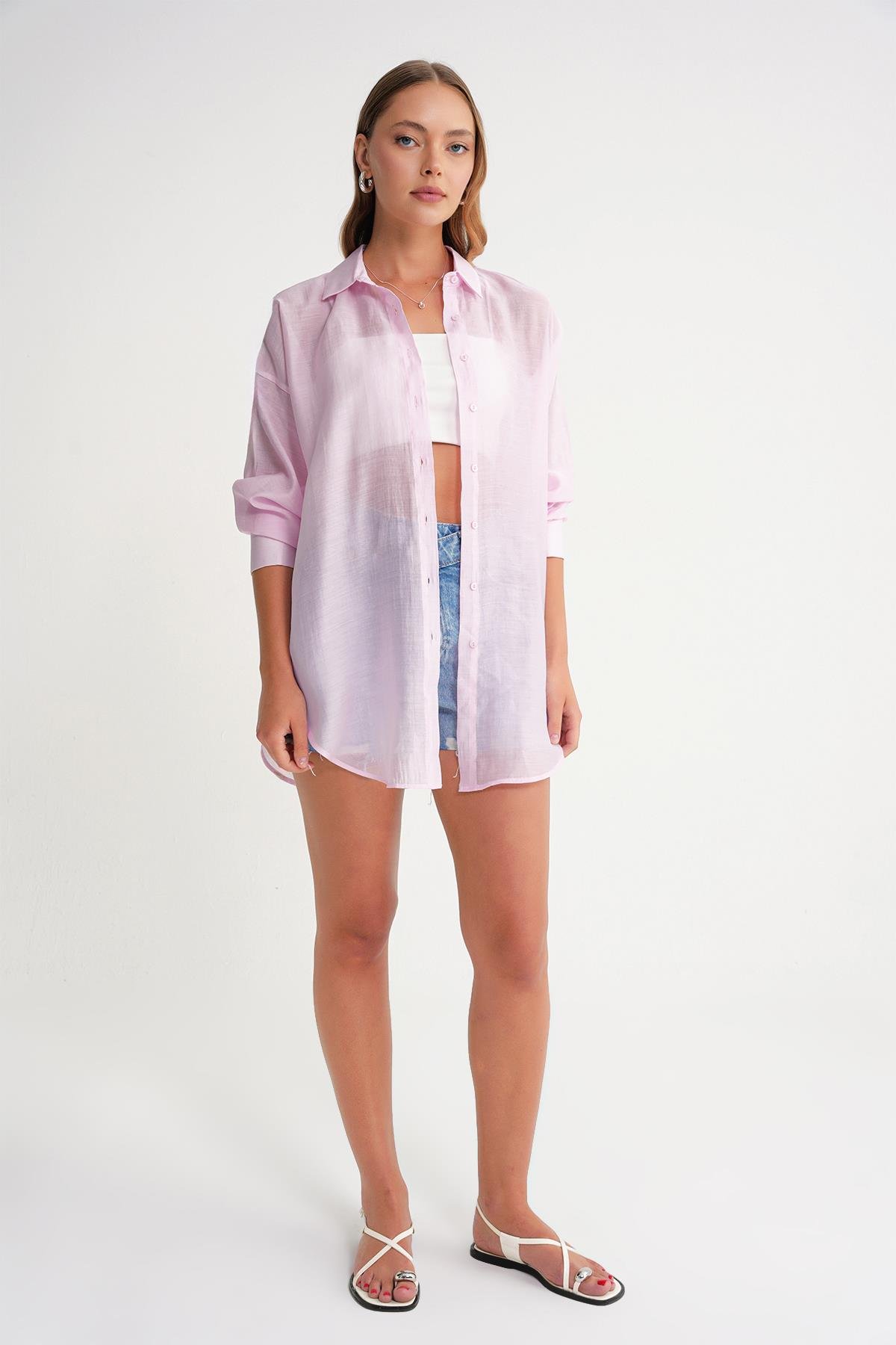 4667 Kadın İnce Oversize Modal Gömlek Pembe