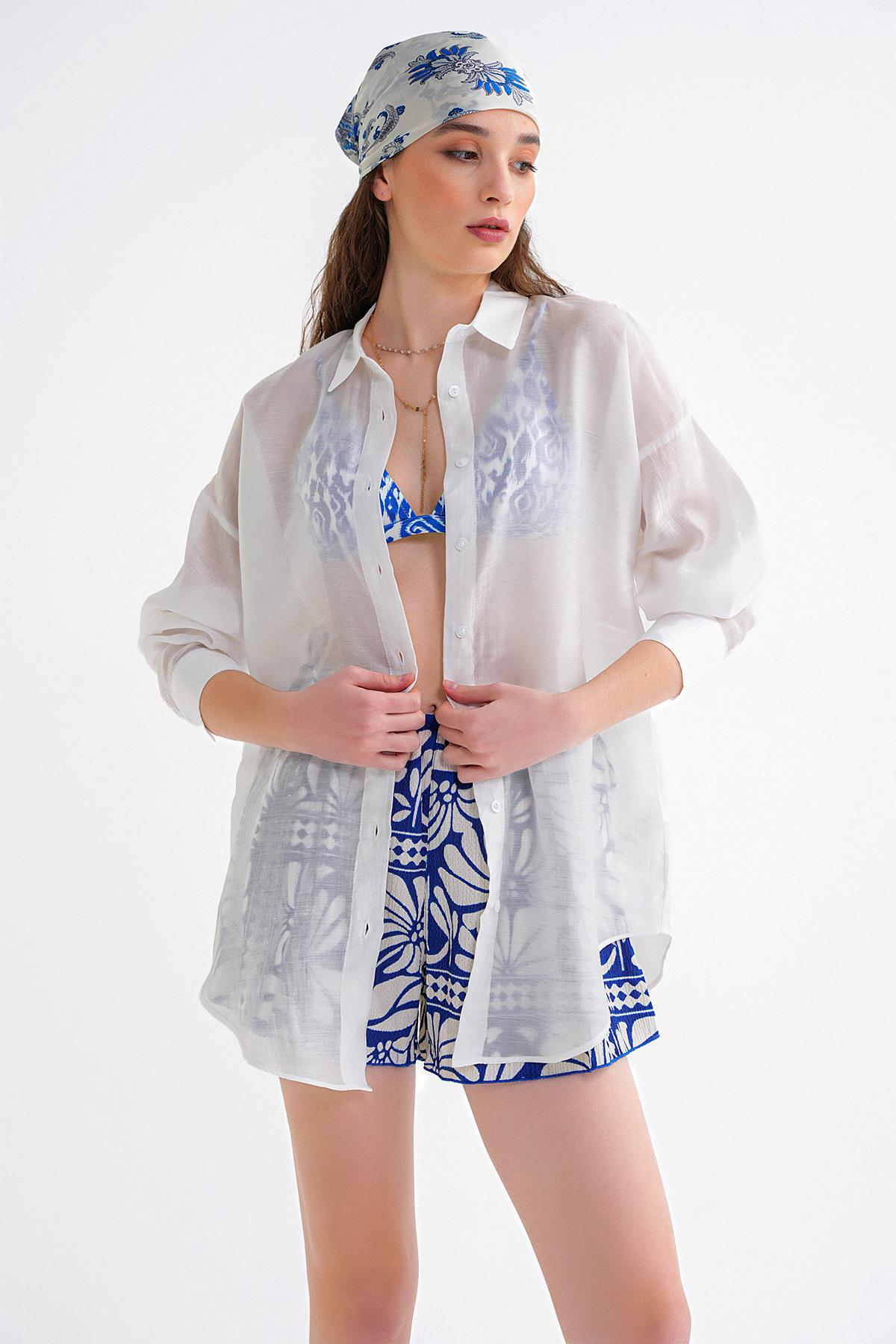 4667 Kadın İnce Oversize Modal Gömlek Beyaz