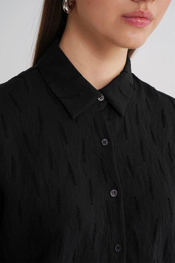 4671 Kadın Yaprak Desenli Uzun Kollu Basic Gömlek Siyah