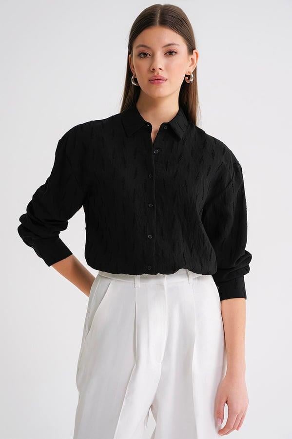 4671 Kadın Yaprak Desenli Uzun Kollu Basic Gömlek Siyah