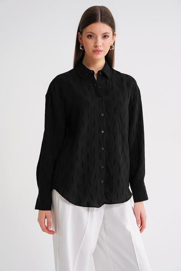 4671 Kadın Yaprak Desenli Uzun Kollu Basic Gömlek Siyah