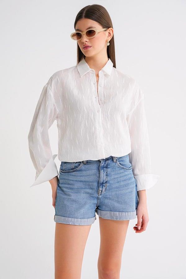 4671 Kadın Yaprak Desenli Uzun Kollu Basic Gömlek Beyaz