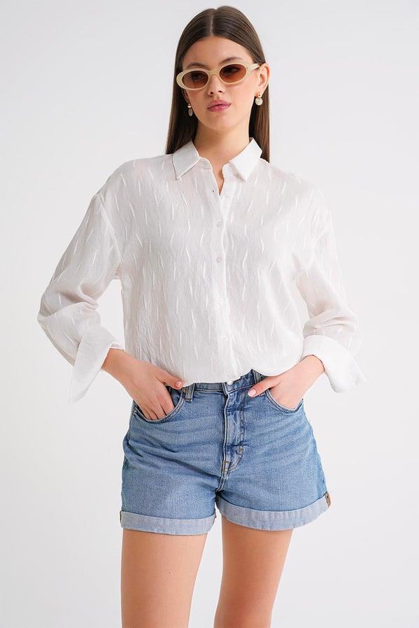 4671 Kadın Yaprak Desenli Uzun Kollu Basic Gömlek Beyaz