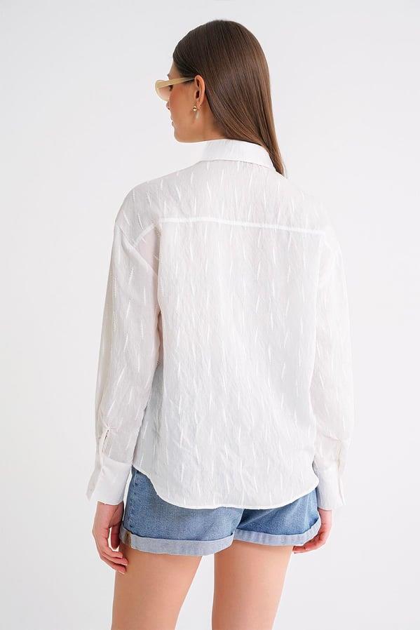 4671 Kadın Yaprak Desenli Uzun Kollu Basic Gömlek Beyaz