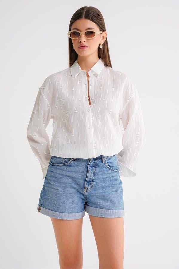 4671 Kadın Yaprak Desenli Uzun Kollu Basic Gömlek Beyaz