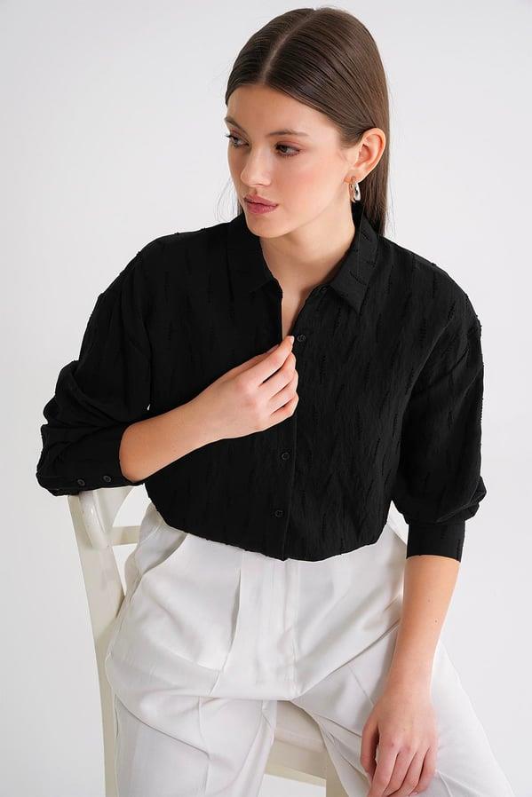 4671 Kadın Yaprak Desenli Uzun Kollu Basic Gömlek Siyah