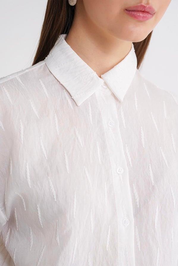 4671 Kadın Yaprak Desenli Uzun Kollu Basic Gömlek Beyaz