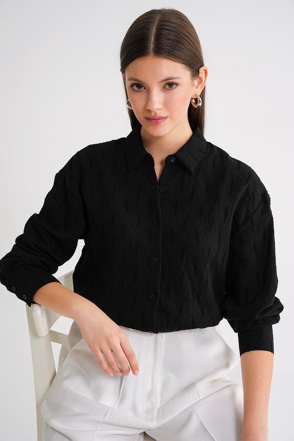 4671 Kadın Yaprak Desenli Uzun Kollu Basic Gömlek Siyah