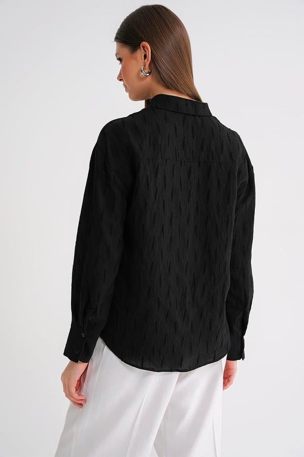 4671 Kadın Yaprak Desenli Uzun Kollu Basic Gömlek Siyah