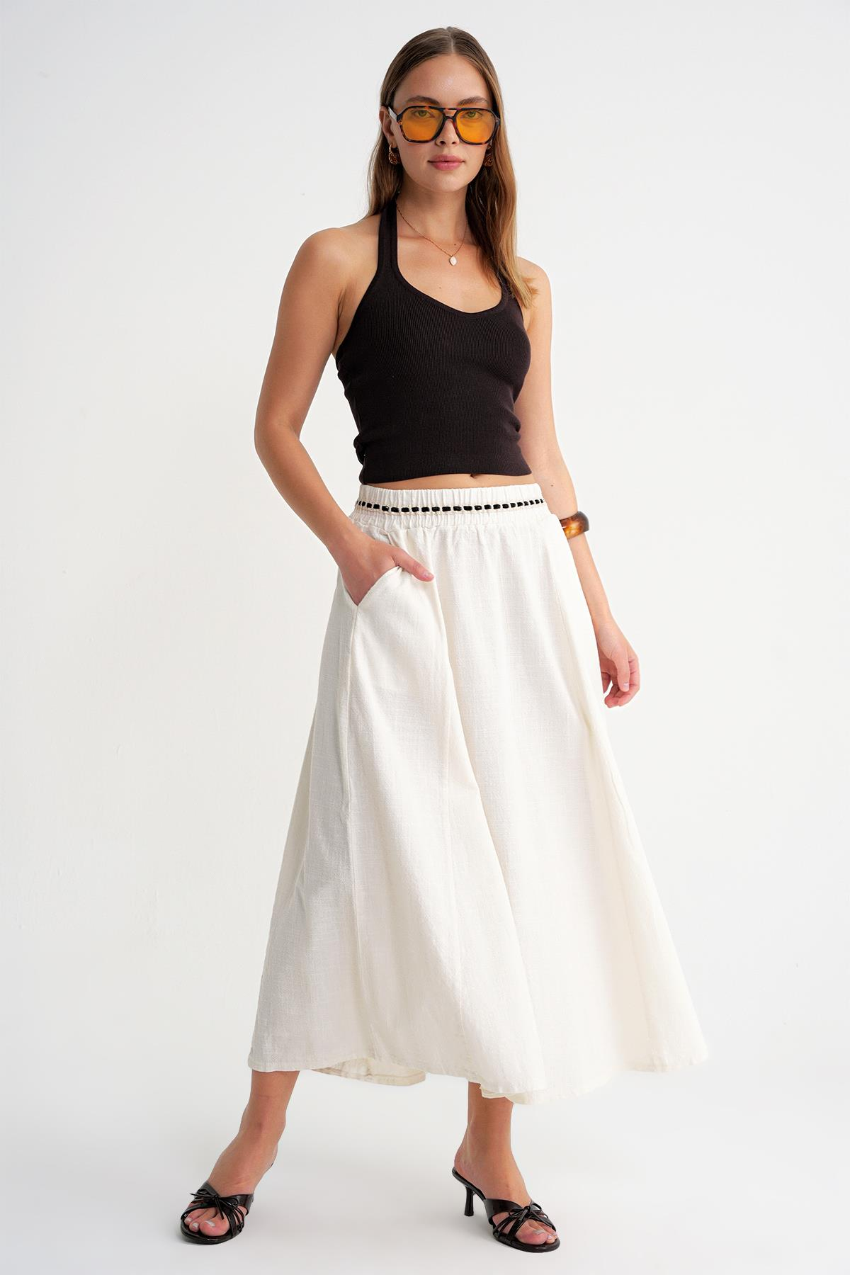 4672 Kadın Beli Lastikli Dantel Şeritli Keten Etek Bej