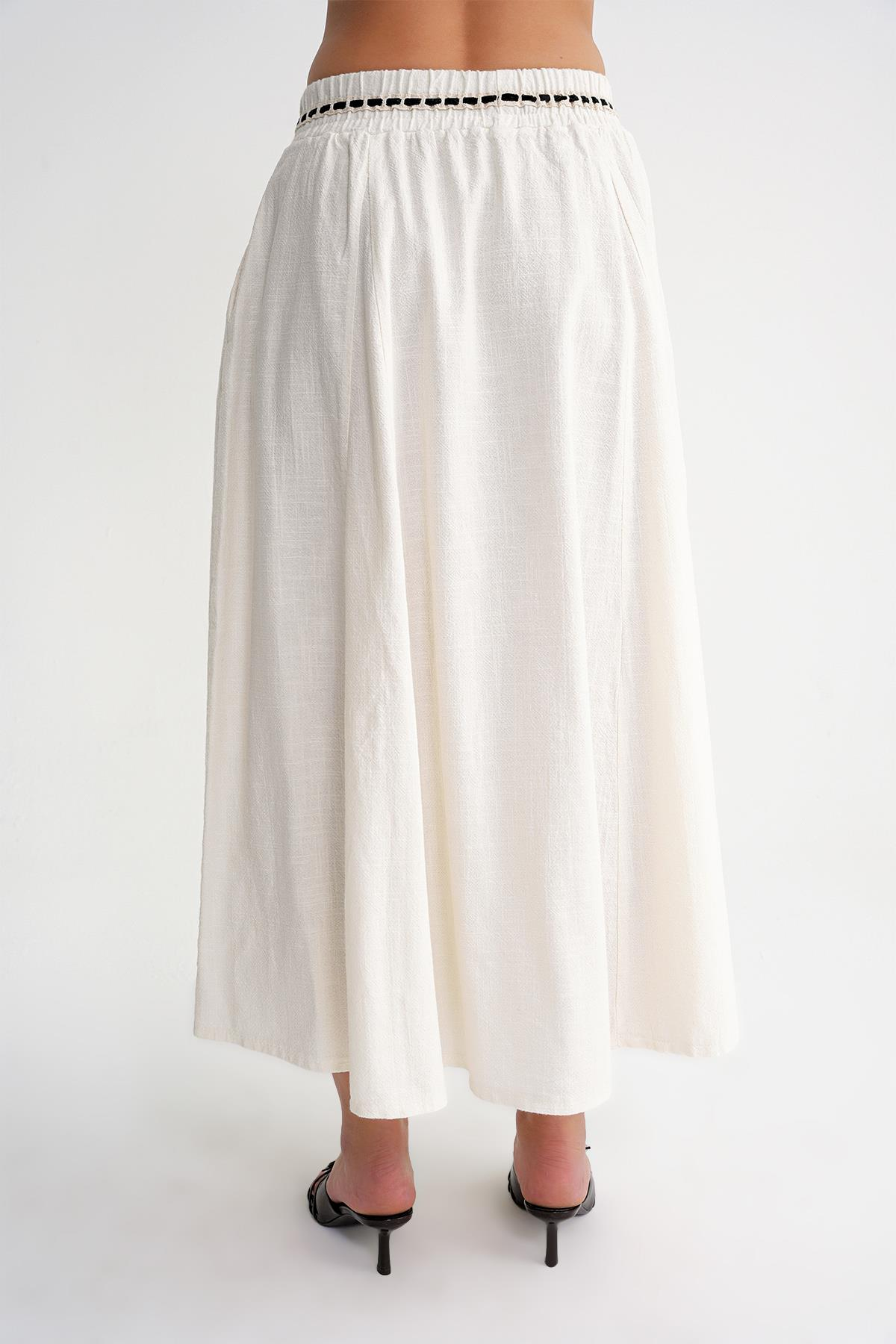 4672 Kadın Beli Lastikli Dantel Şeritli Keten Etek Bej