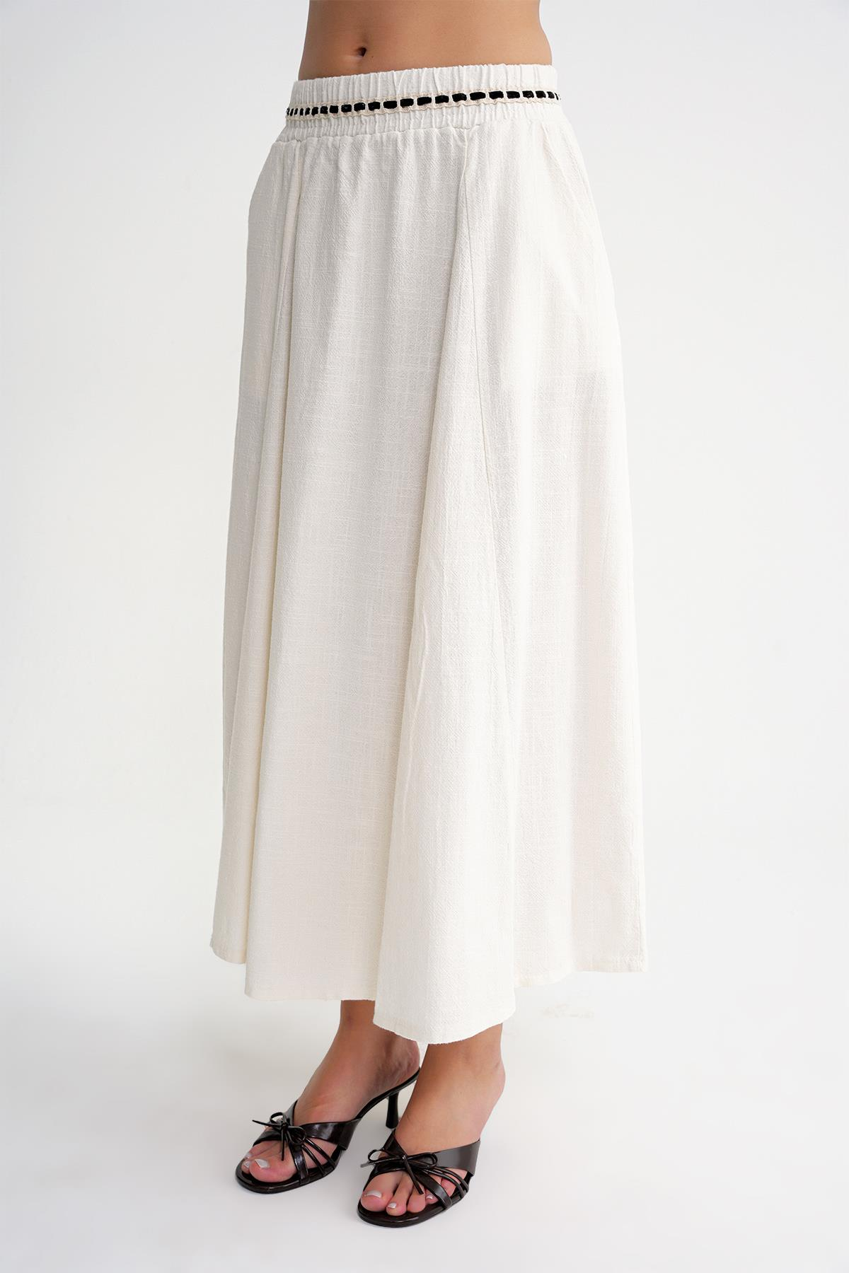 4672 Kadın Beli Lastikli Dantel Şeritli Keten Etek Bej