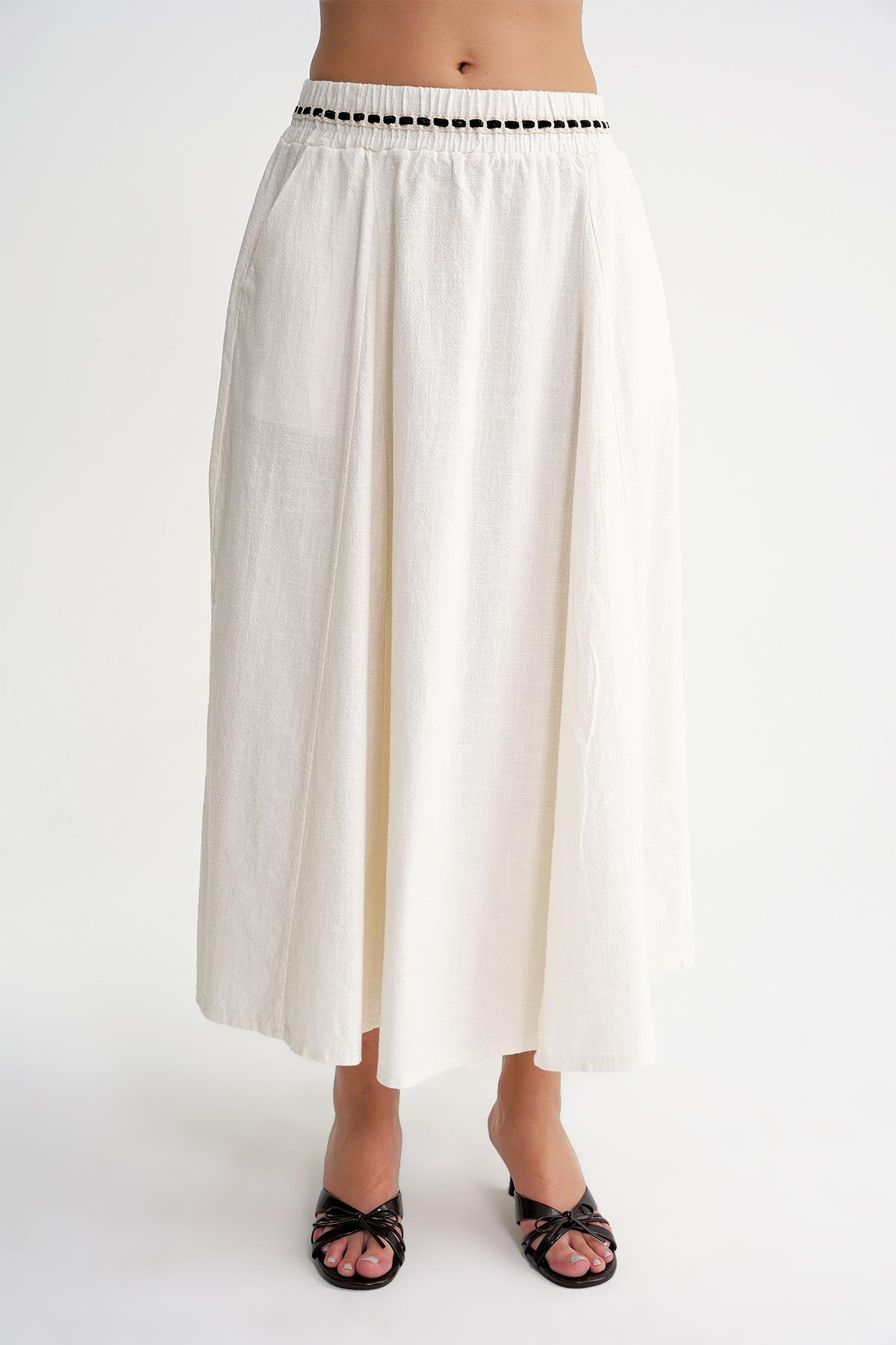 4672 Kadın Beli Lastikli Dantel Şeritli Keten Etek Bej