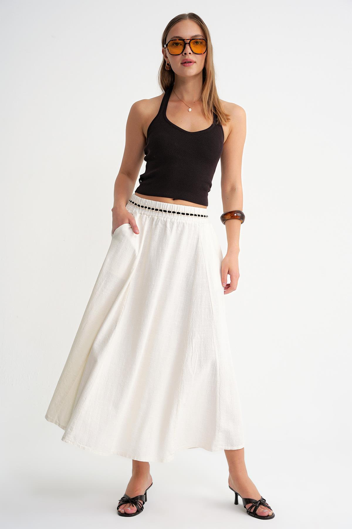 4672 Kadın Beli Lastikli Dantel Şeritli Keten Etek Bej