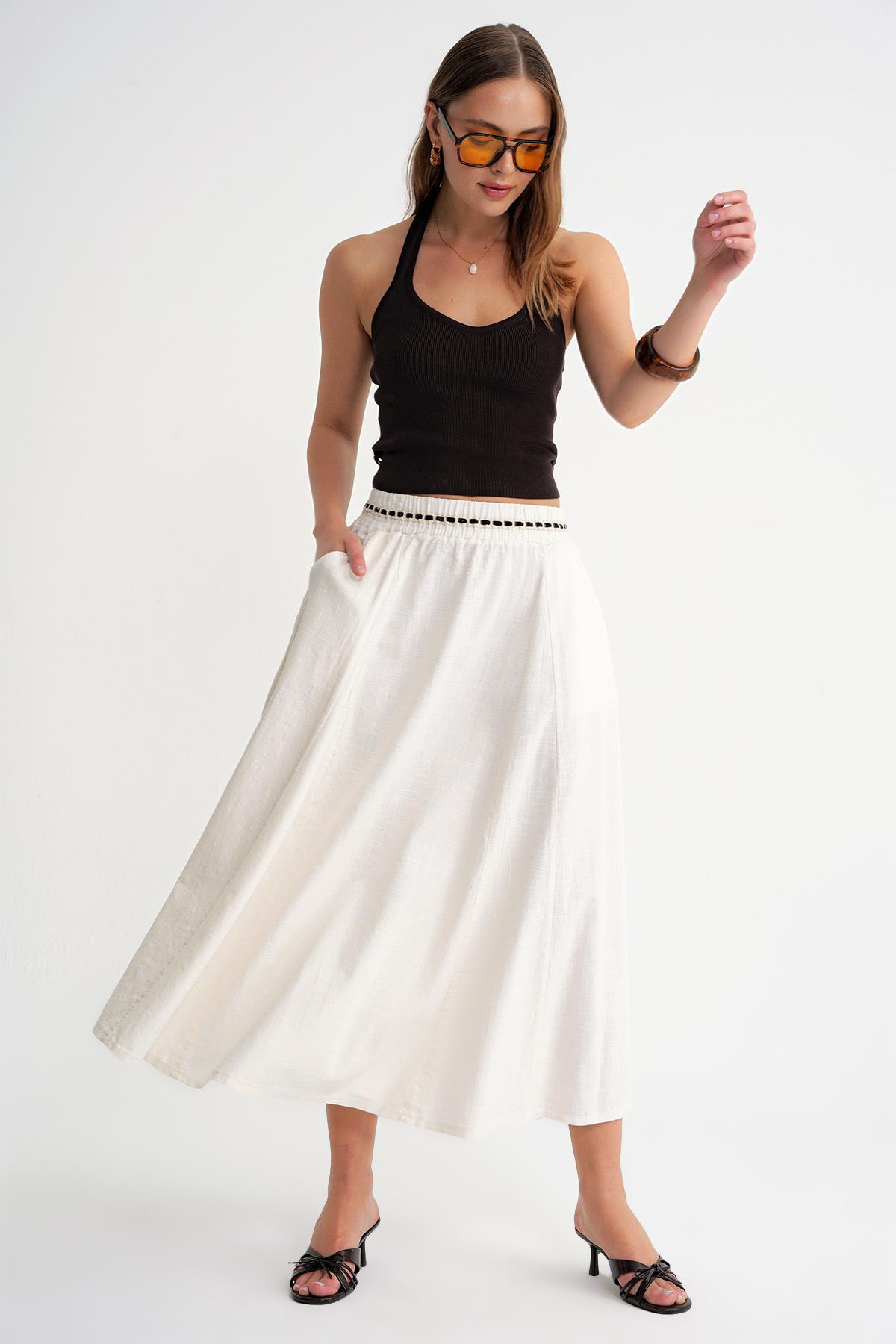 4672 Kadın Beli Lastikli Dantel Şeritli Keten Etek Bej