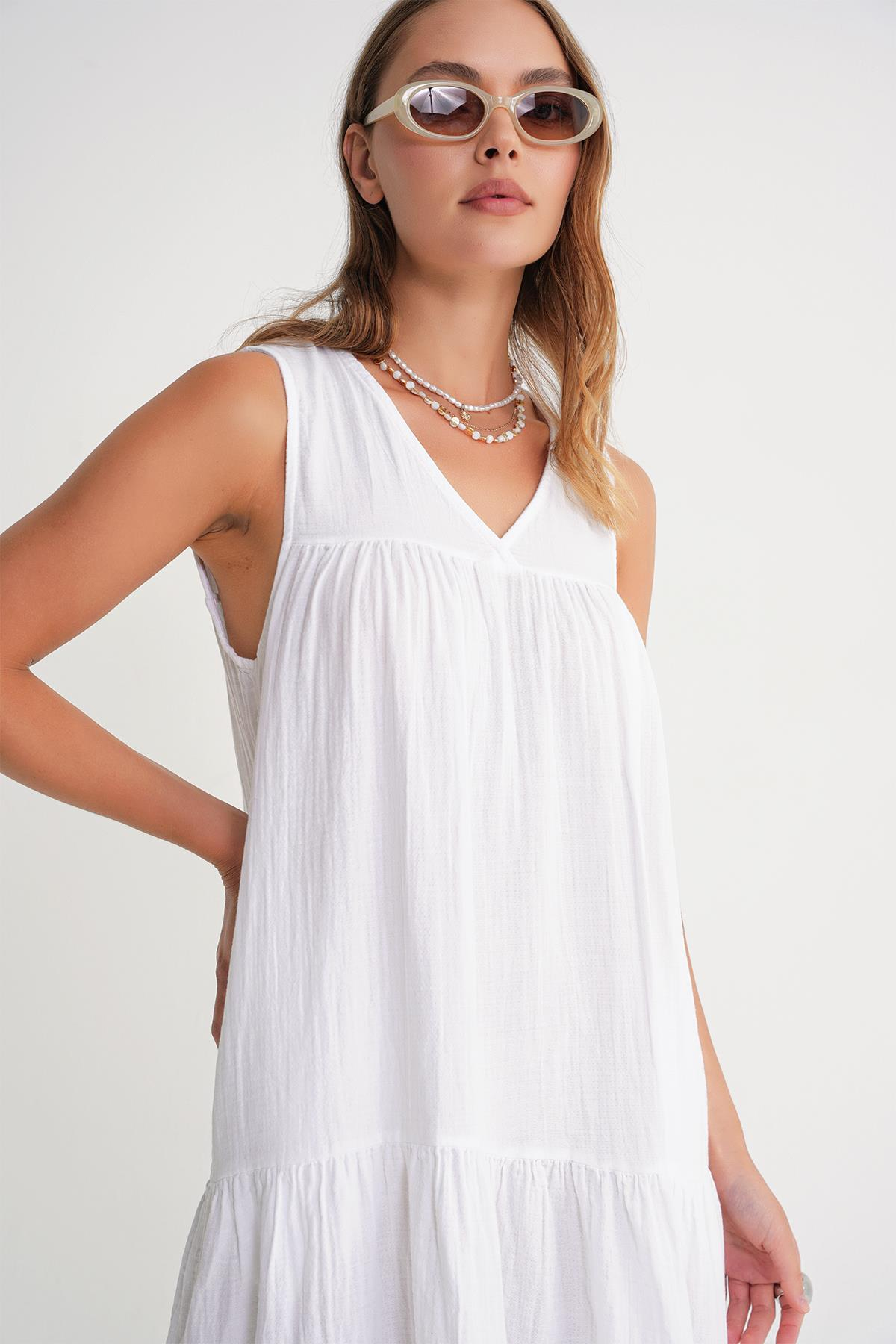 4673 Kadın Büzgü Detaylı Müslin Elbise Beyaz