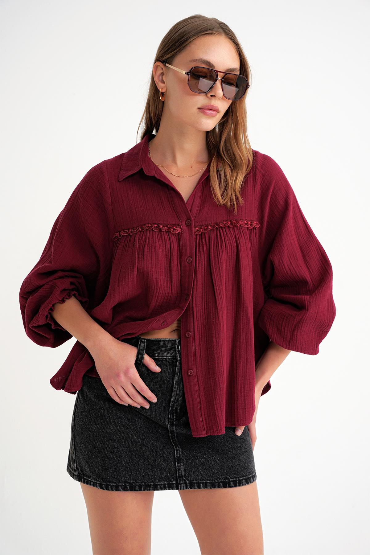 4677 Kadın Dantel Detaylı Müslin Gömlek Bordo