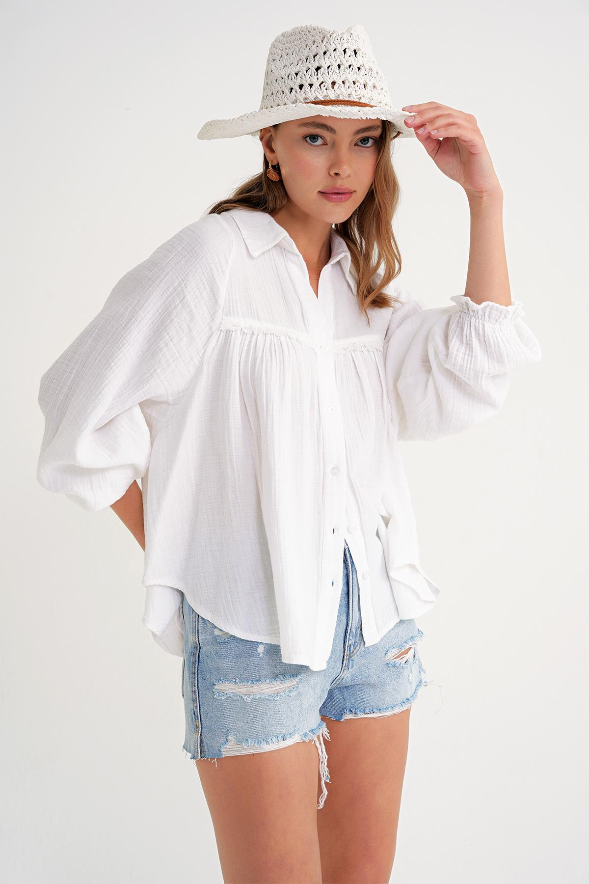4677 Kadın Dantel Detaylı Müslin Gömlek Beyaz