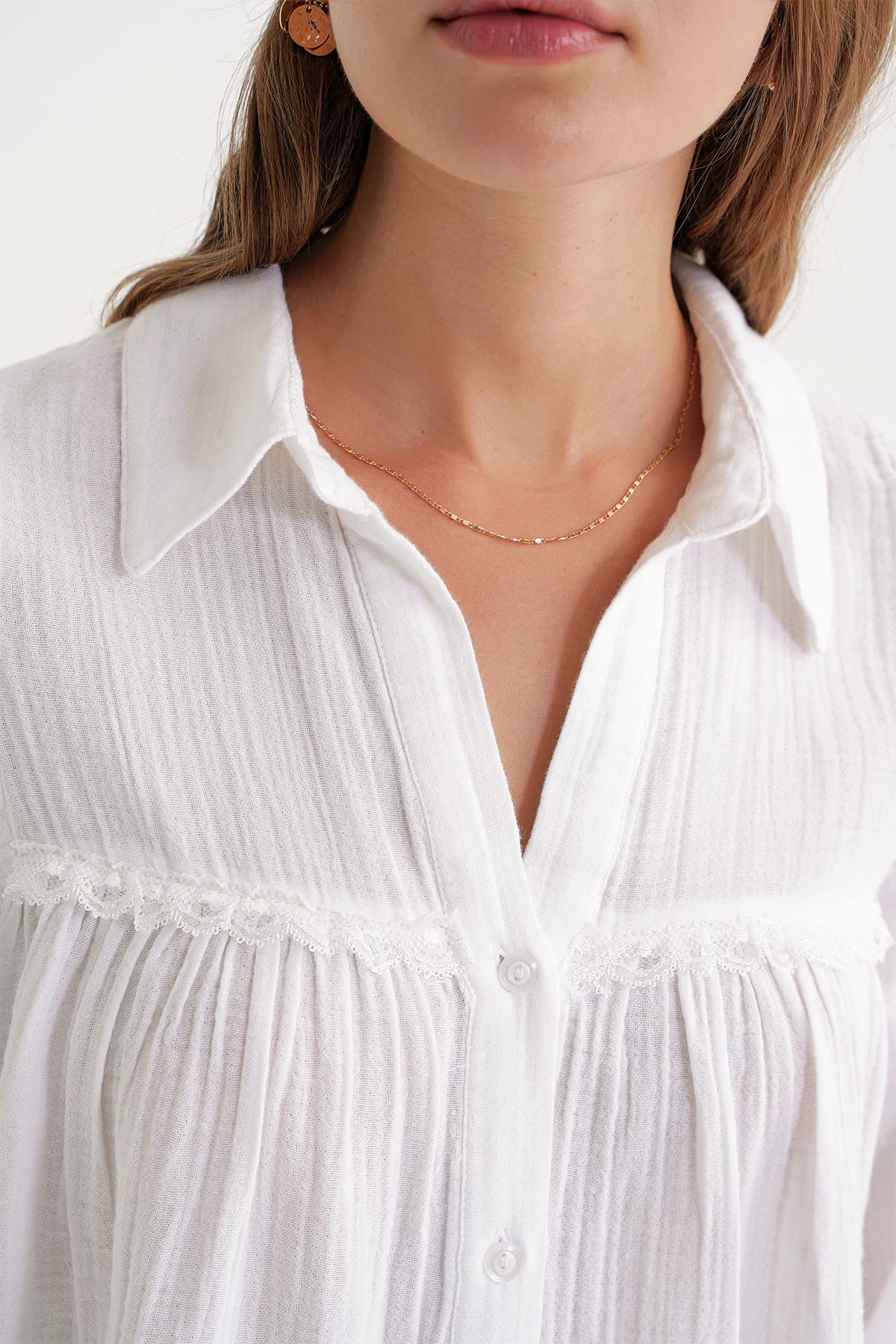 4677 Kadın Dantel Detaylı Müslin Gömlek Beyaz