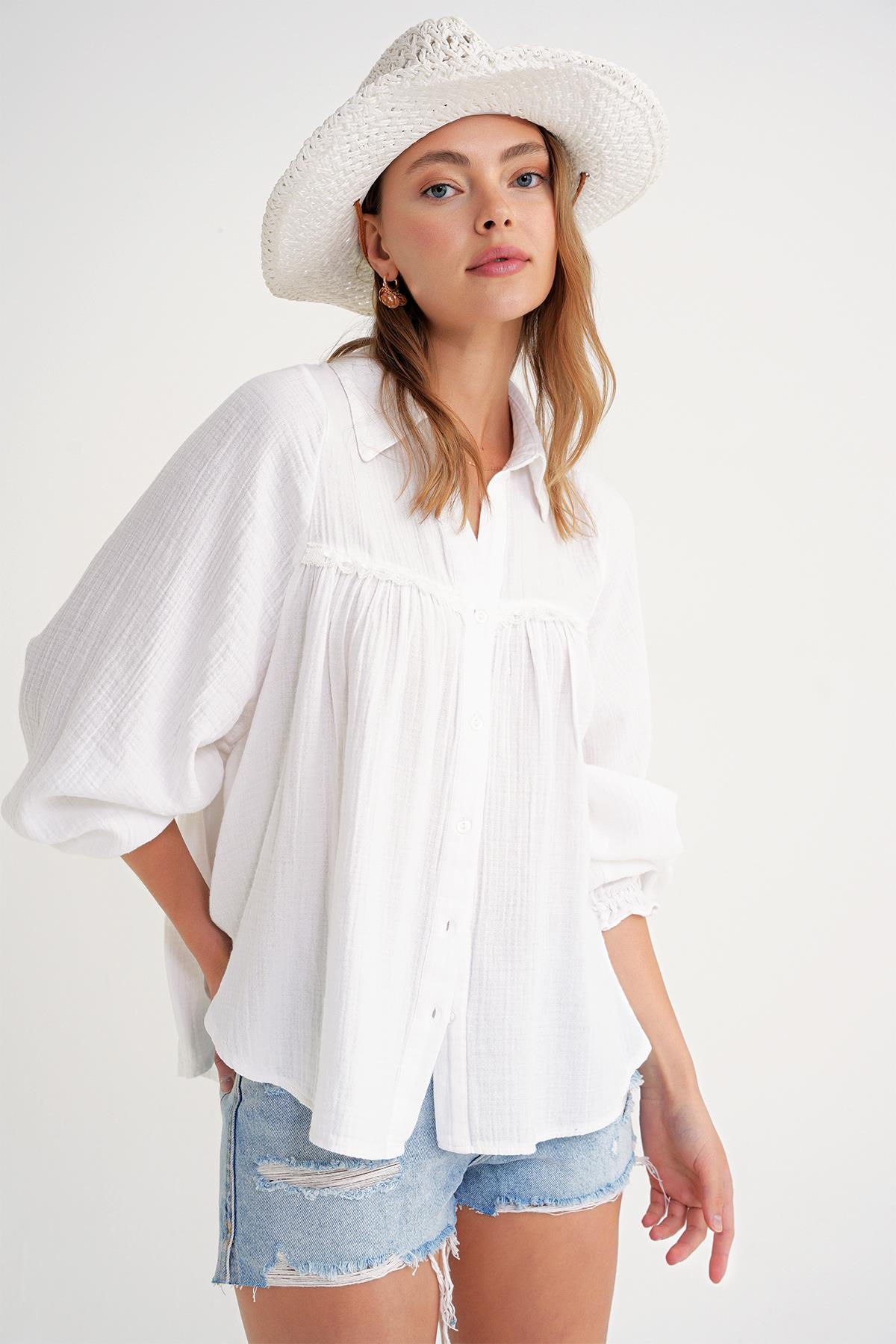 4677 Kadın Dantel Detaylı Müslin Gömlek Beyaz
