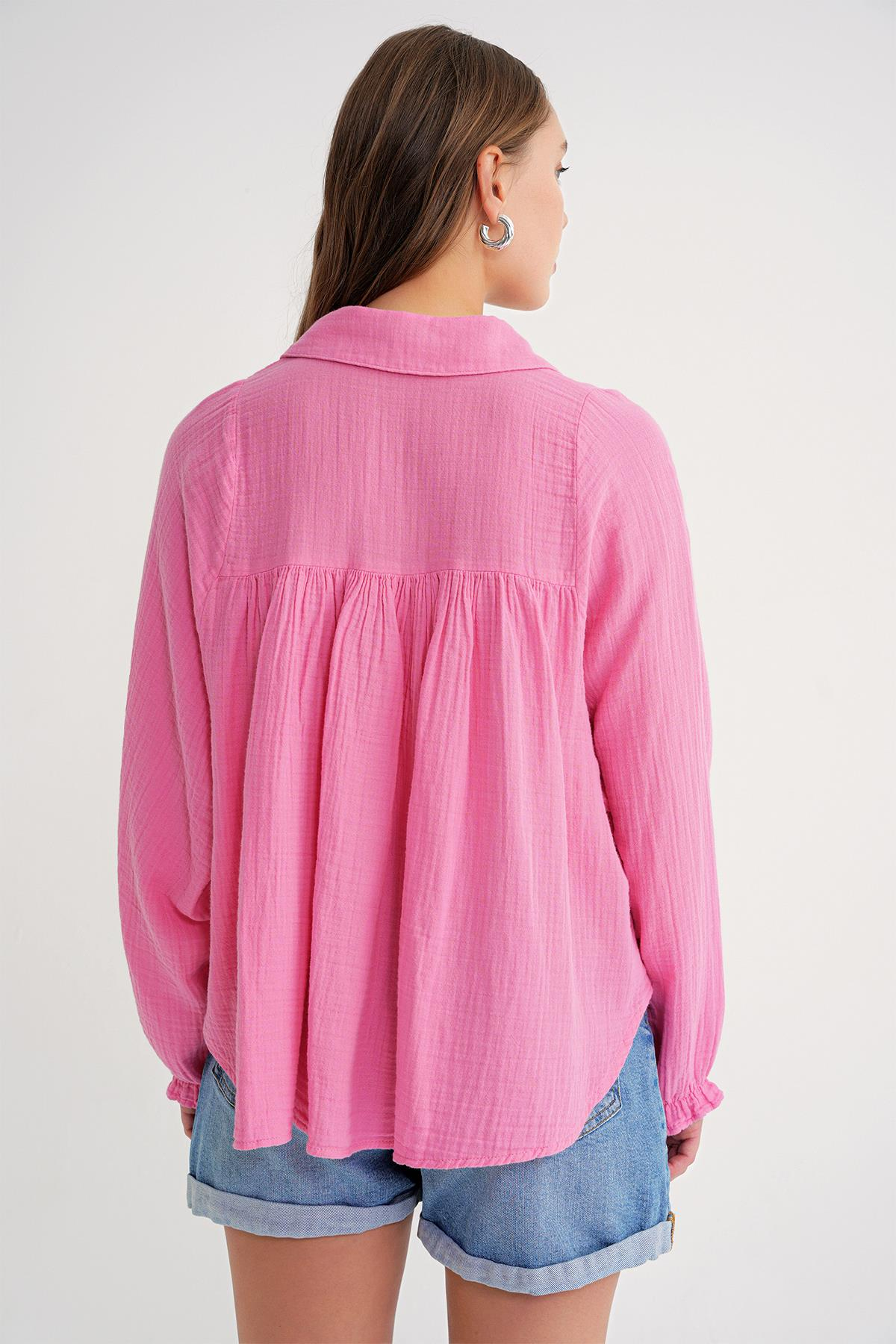 4677 Kadın Dantel Detaylı Müslin Gömlek Pembe