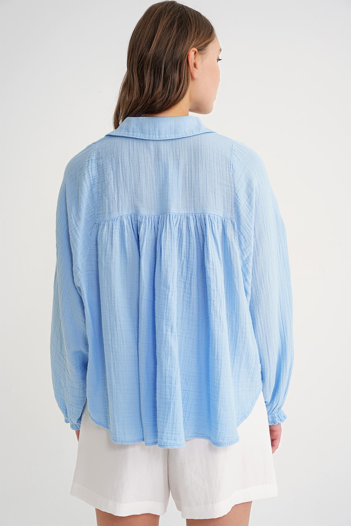 4677 Kadın Dantel Detaylı Müslin Gömlek Bebe Mavi