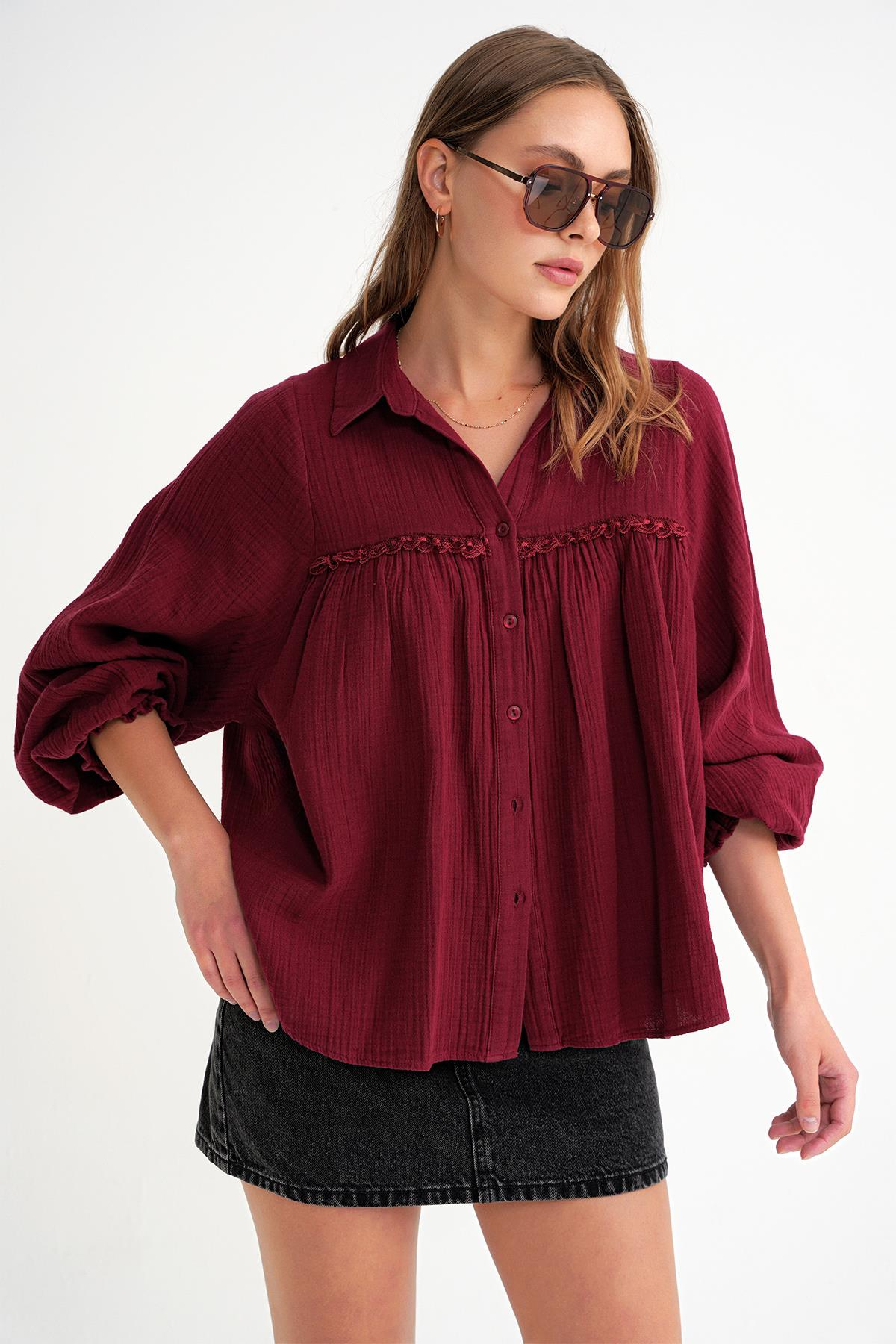 4677 Kadın Dantel Detaylı Müslin Gömlek Bordo
