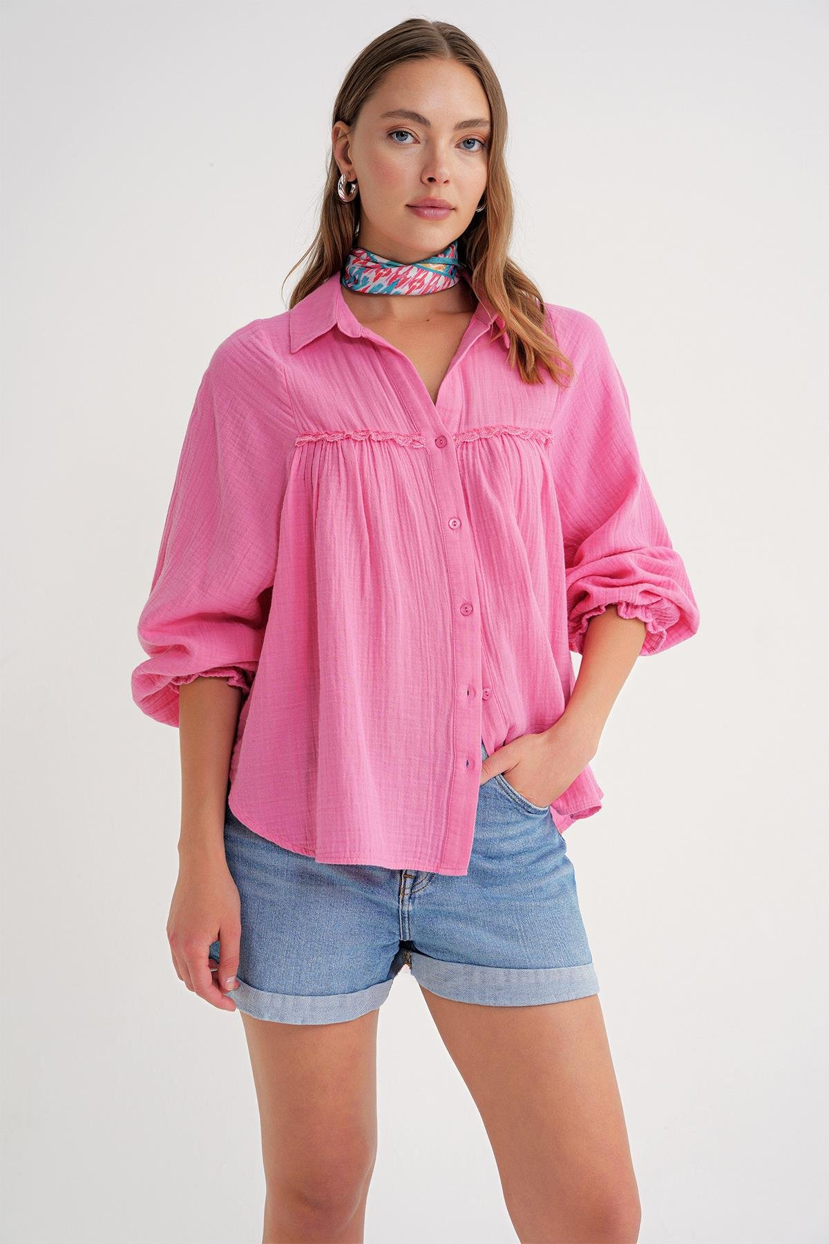 4677 Kadın Dantel Detaylı Müslin Gömlek Pembe