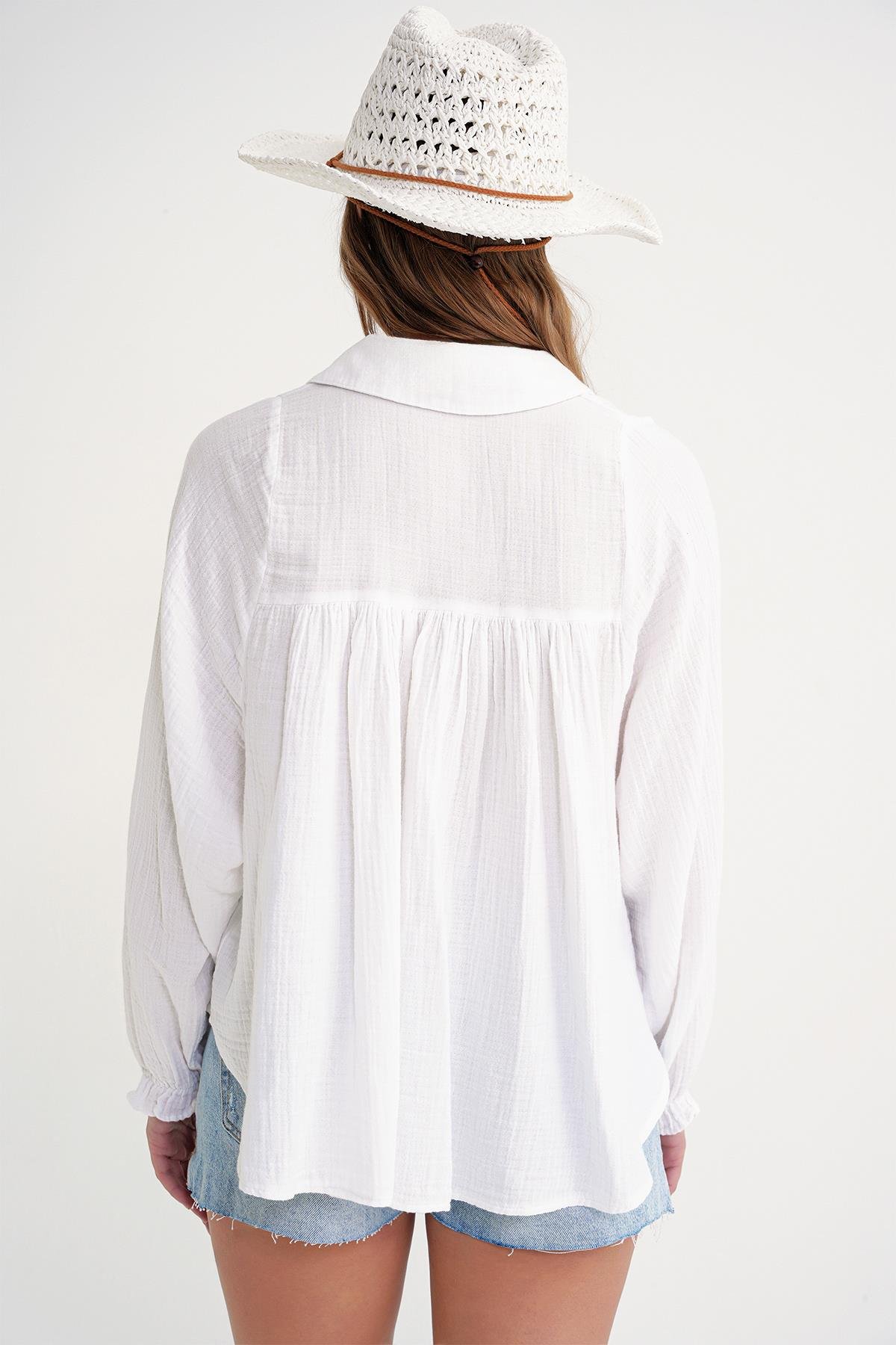 4677 Kadın Dantel Detaylı Müslin Gömlek Beyaz
