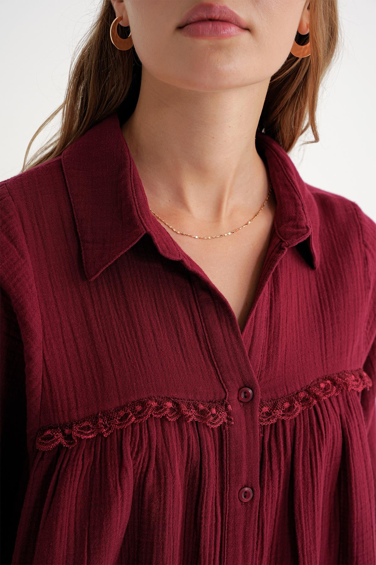 4677 Kadın Dantel Detaylı Müslin Gömlek Bordo