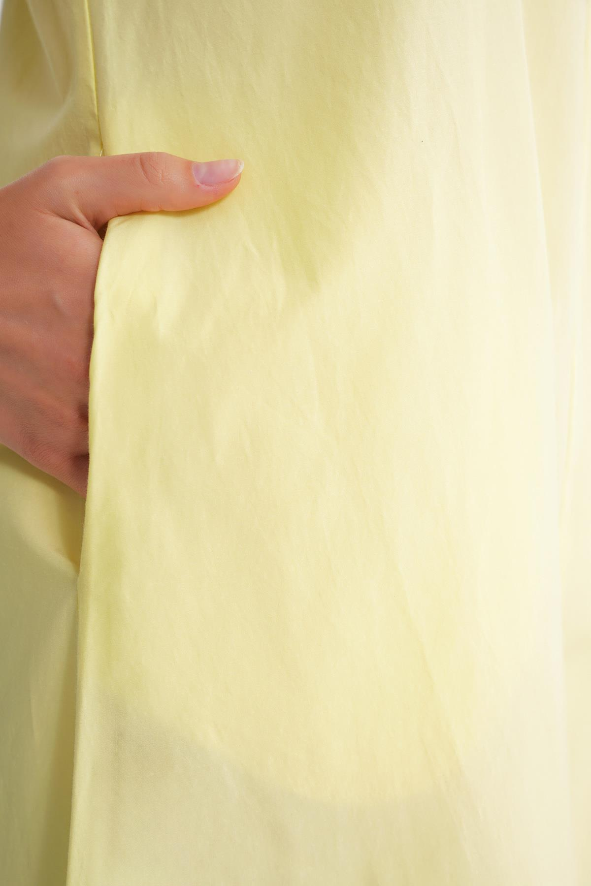 4690 Kadın Bisiklet Yaka Sıfır Kol Midi Paraşüt Elbise Sarı