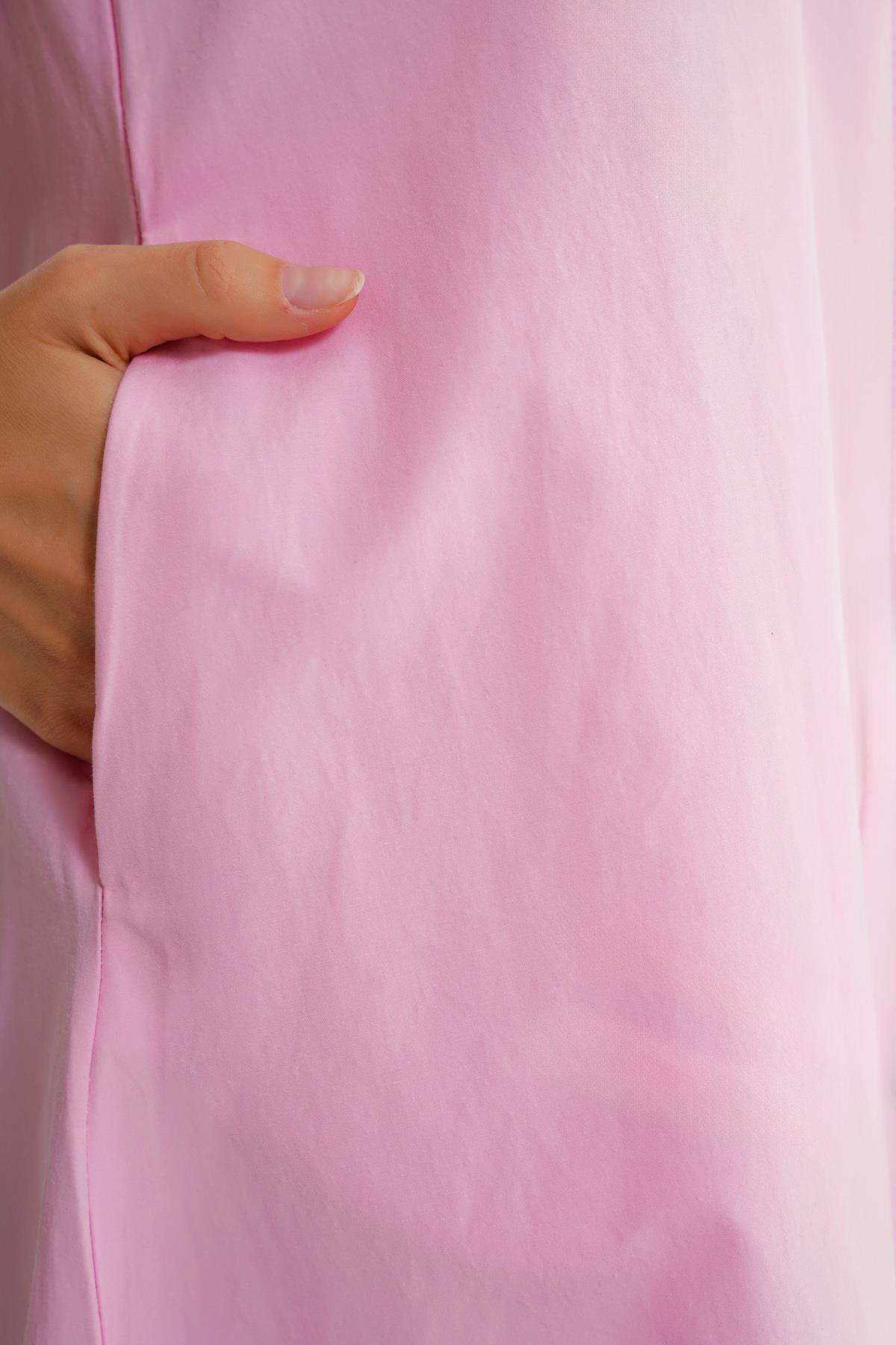 4690 Kadın Bisiklet Yaka Sıfır Kol Midi Paraşüt Elbise Pembe