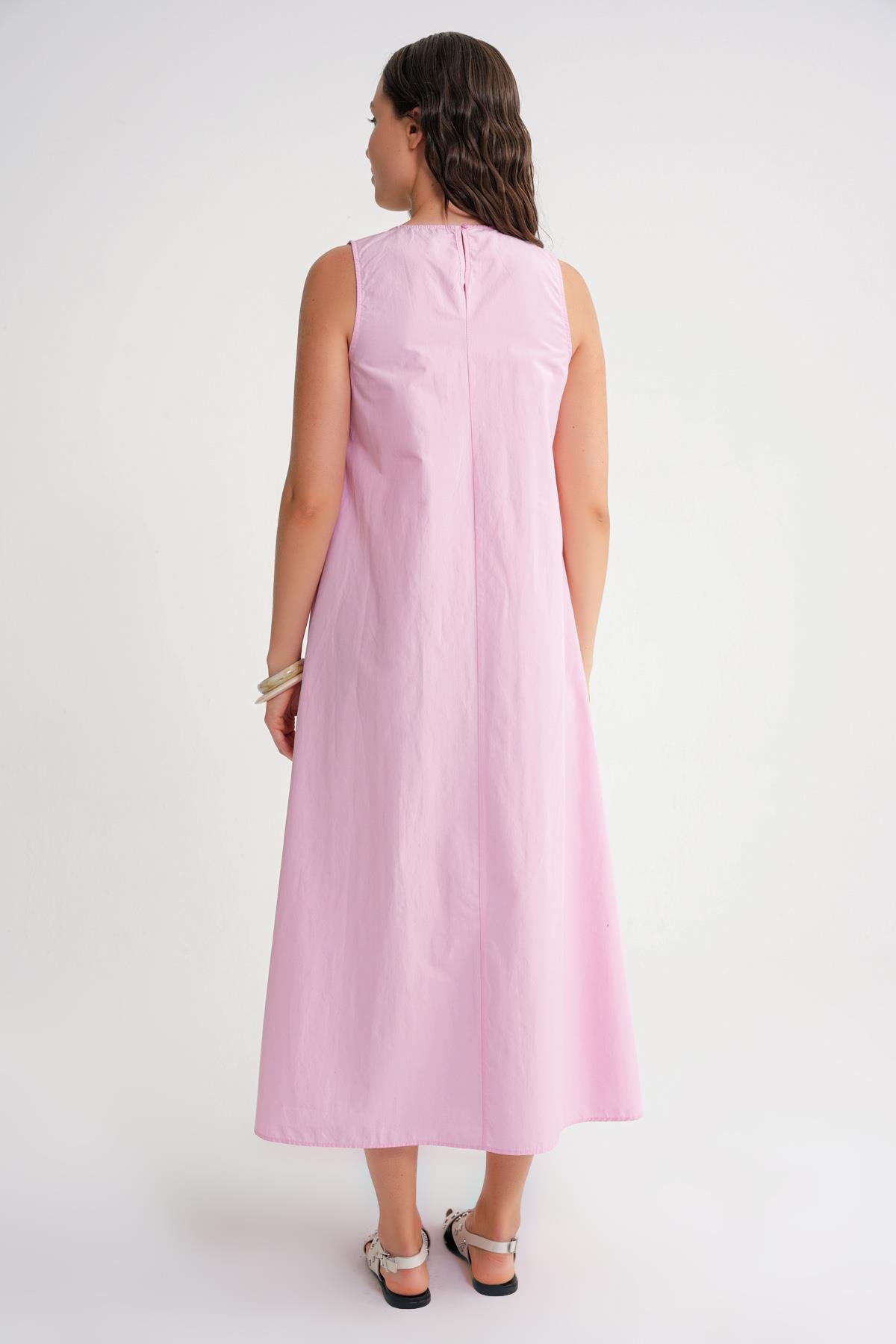 4690 Kadın Bisiklet Yaka Sıfır Kol Midi Paraşüt Elbise Pembe