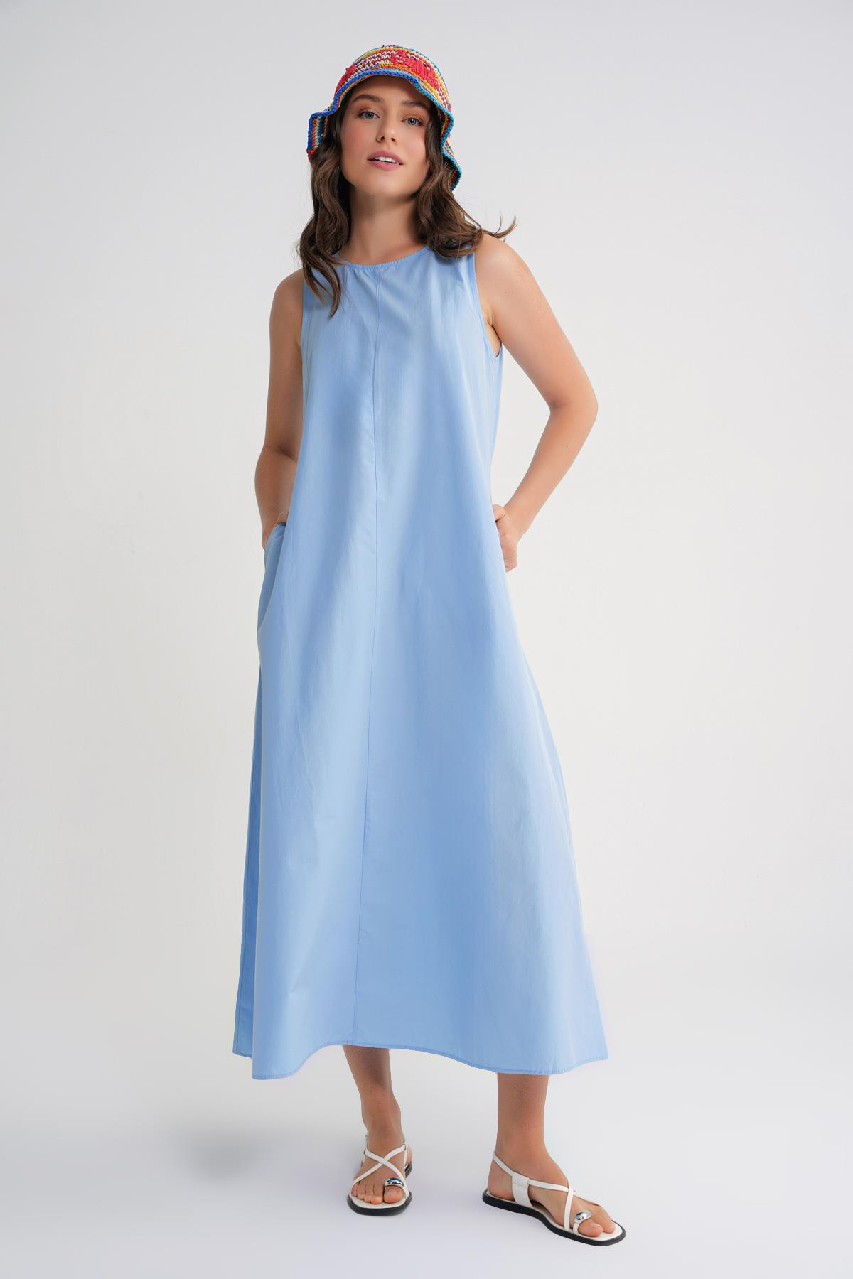 4690 Kadın Bisiklet Yaka Sıfır Kol Midi Paraşüt Elbise Bebe Mavi