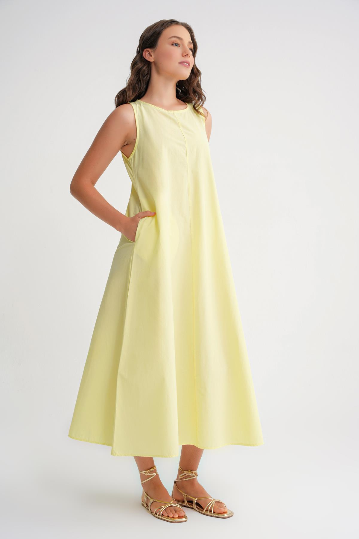 4690 Kadın Bisiklet Yaka Sıfır Kol Midi Paraşüt Elbise Sarı