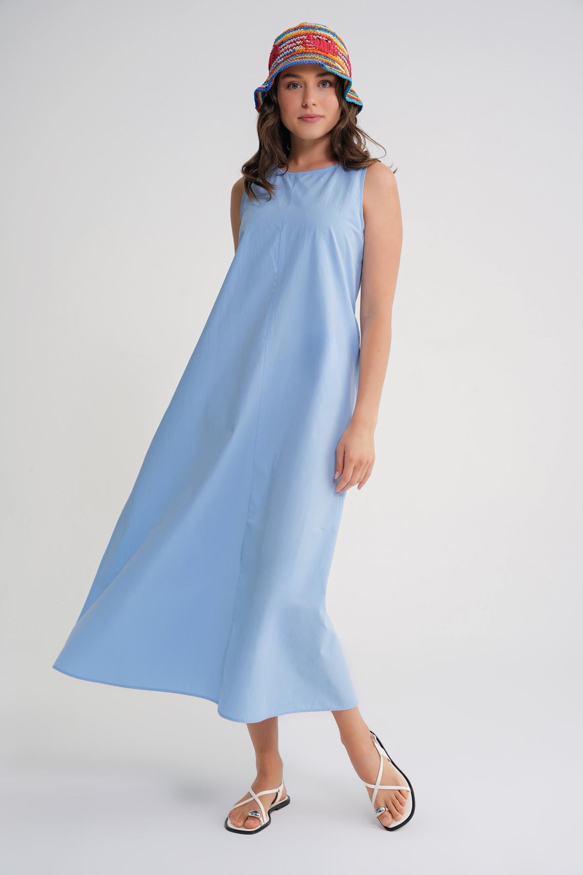 4690 Kadın Bisiklet Yaka Sıfır Kol Midi Paraşüt Elbise Bebe Mavi