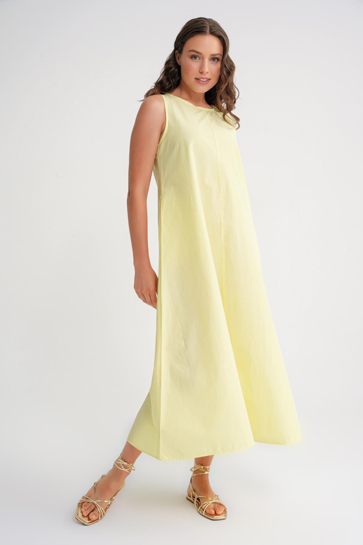 4690 Kadın Bisiklet Yaka Sıfır Kol Midi Paraşüt Elbise Sarı