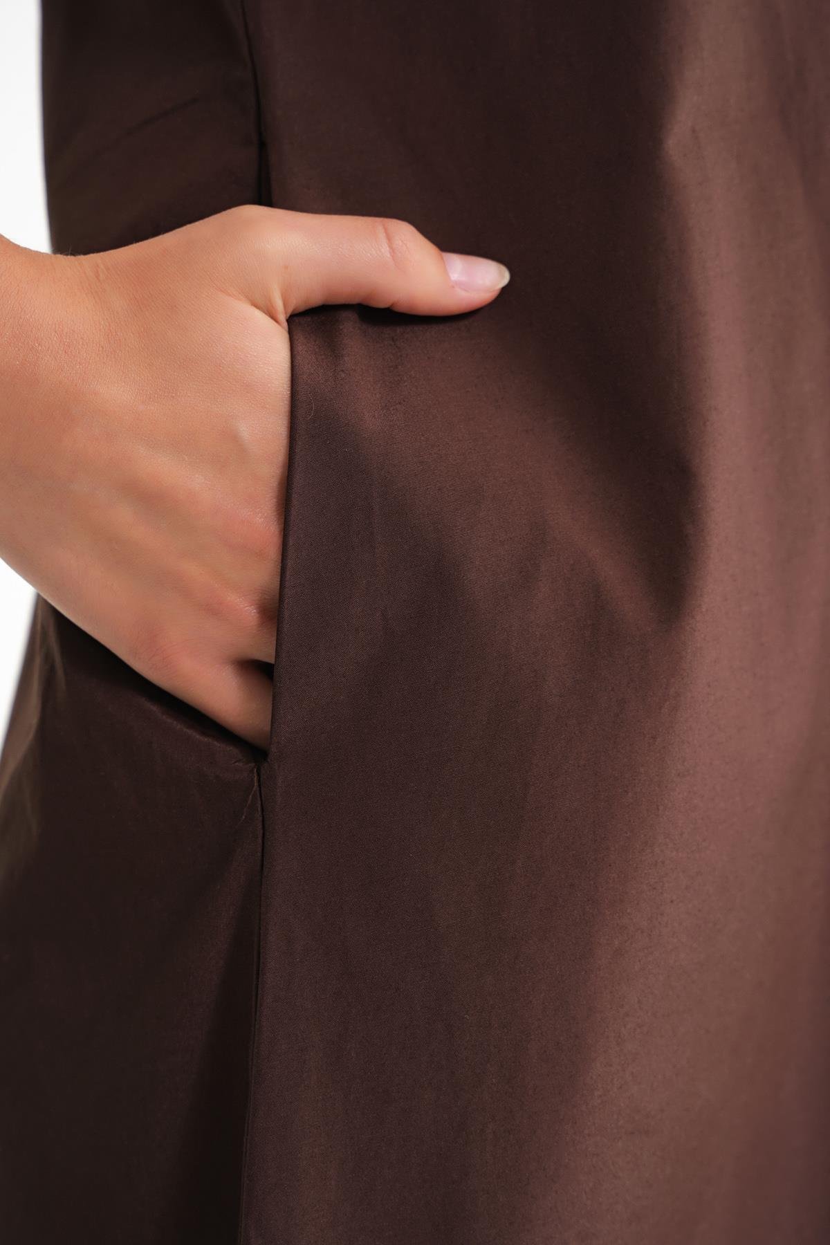 4690 Kadın Bisiklet Yaka Sıfır Kol Midi Paraşüt Elbise Kahve