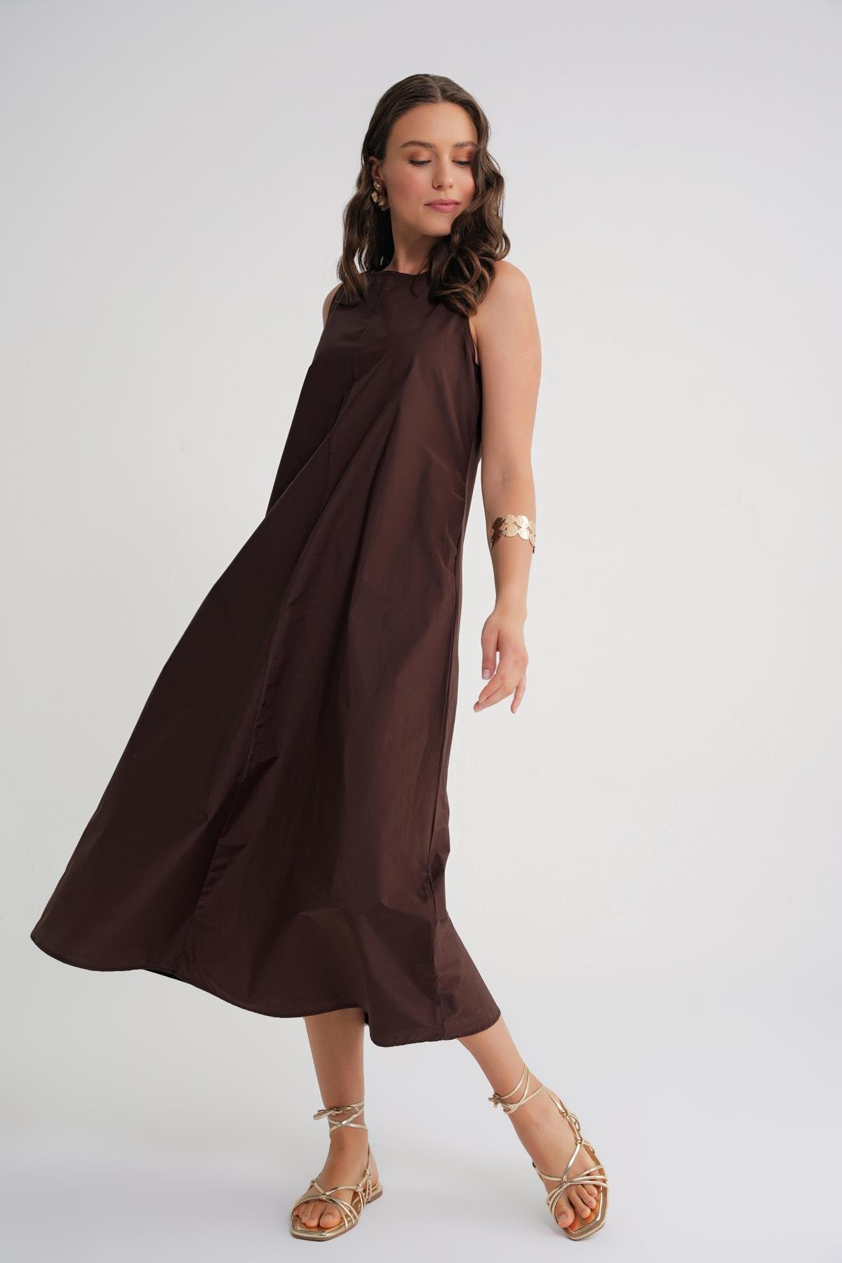 4690 Kadın Bisiklet Yaka Sıfır Kol Midi Paraşüt Elbise Kahve