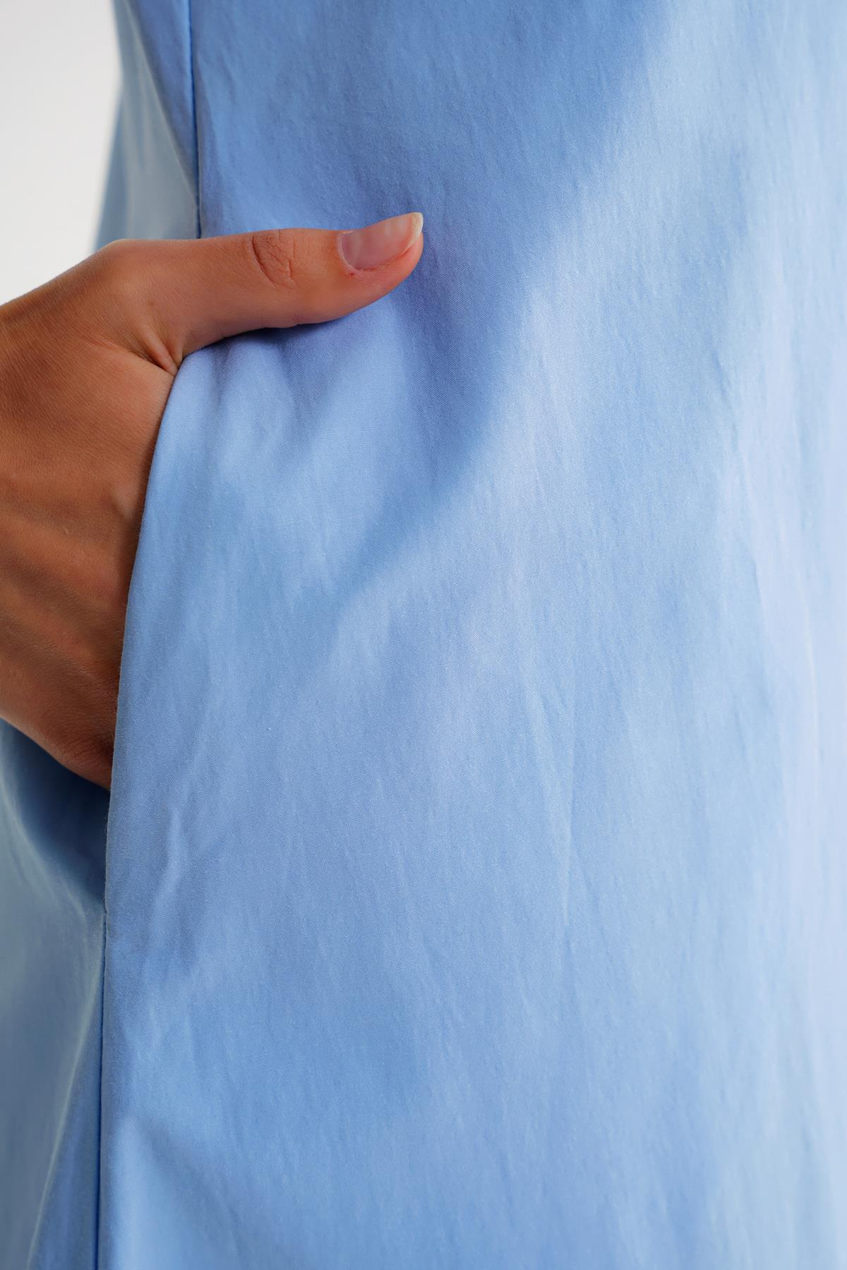 4690 Kadın Bisiklet Yaka Sıfır Kol Midi Paraşüt Elbise Bebe Mavi