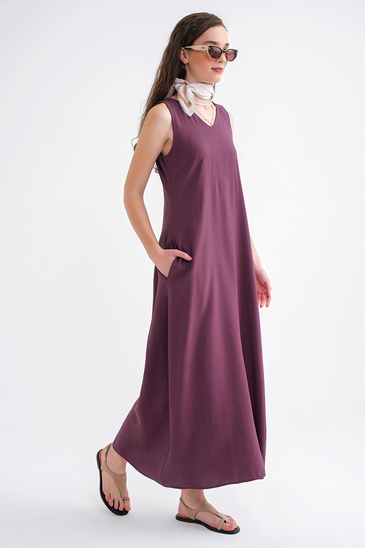 4694 Kadın Cepli V Yaka Uzun Basic Elbise Bordo