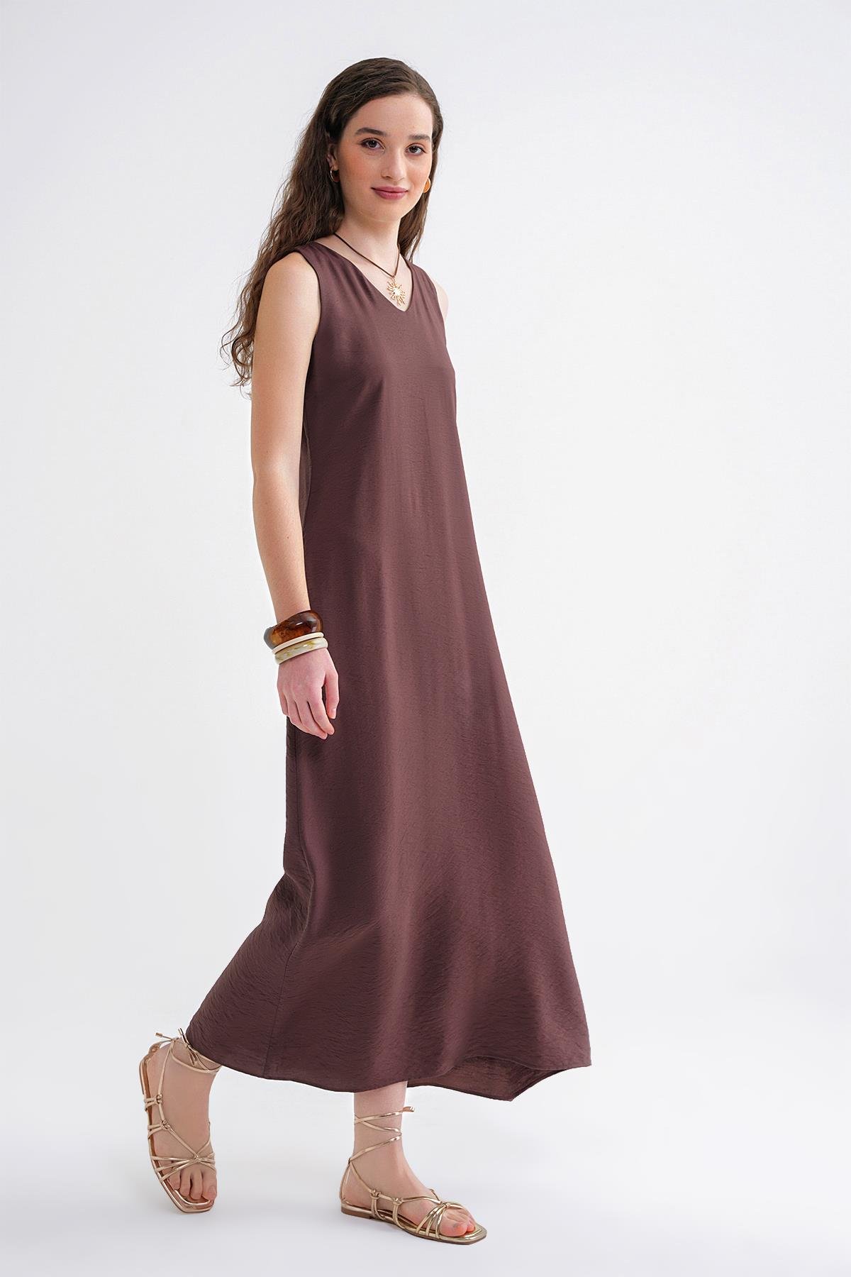 4694 Kadın Cepli V Yaka Uzun Basic Elbise Kahve
