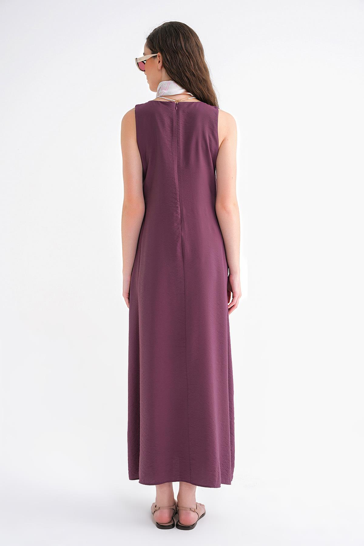 4694 Kadın Cepli V Yaka Uzun Basic Elbise Bordo