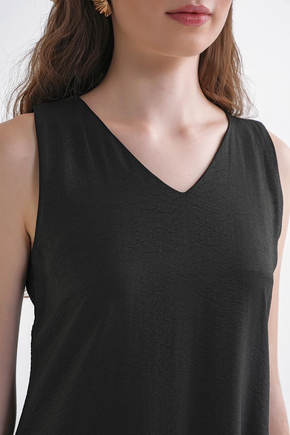4694 Kadın Cepli V Yaka Uzun Basic Elbise Siyah