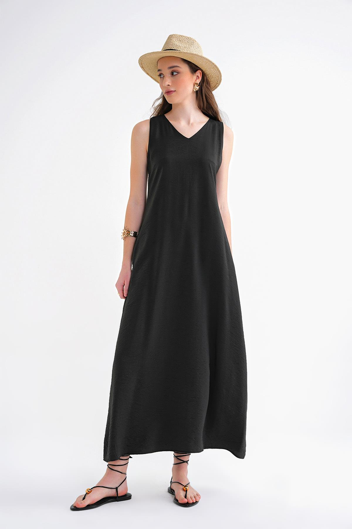 4694 Kadın Cepli V Yaka Uzun Basic Elbise Siyah