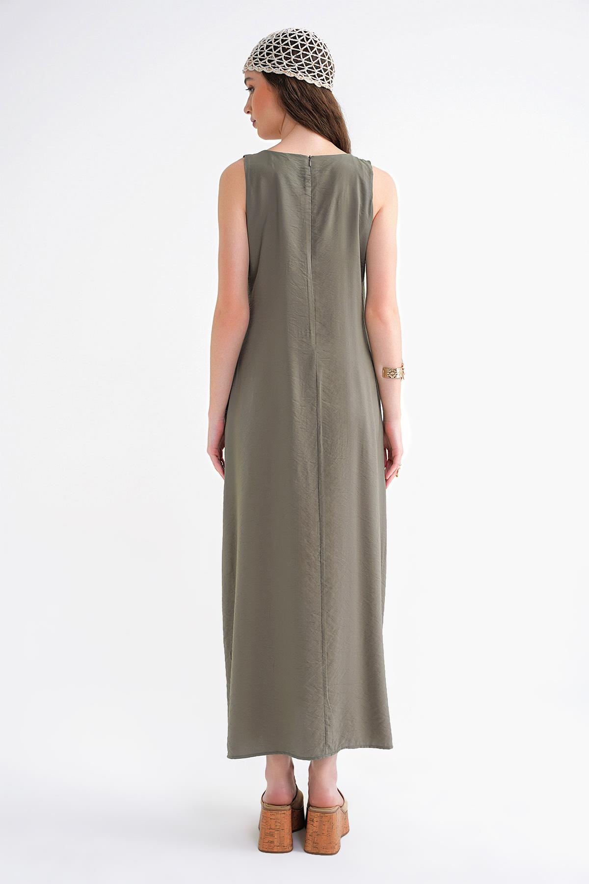 4694 Kadın Cepli V Yaka Uzun Basic Elbise Haki